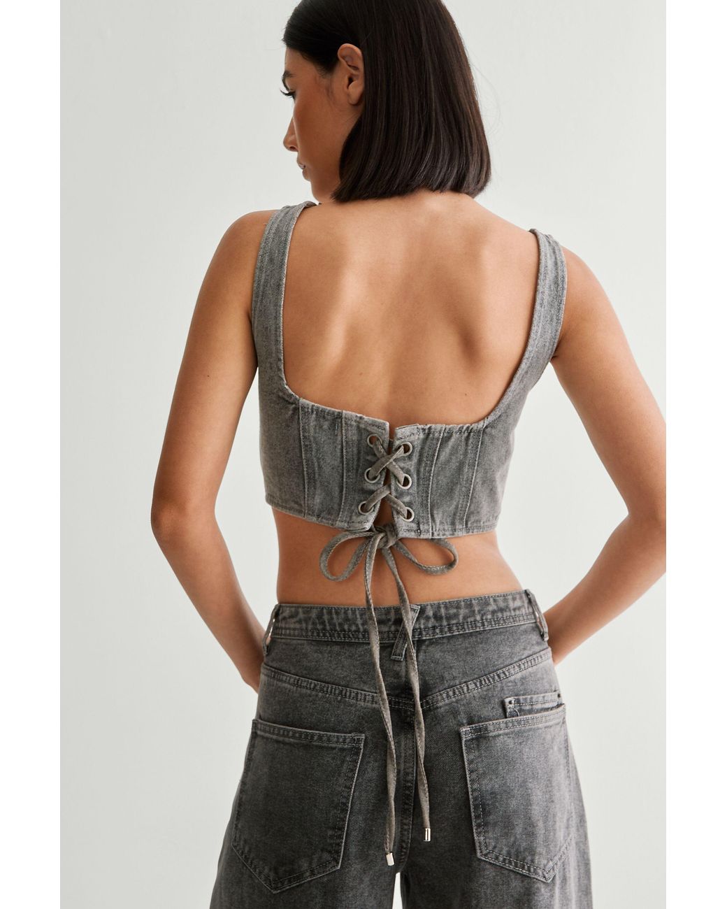 Nasty Gal Black Lace Back Detail Denim Corset Top