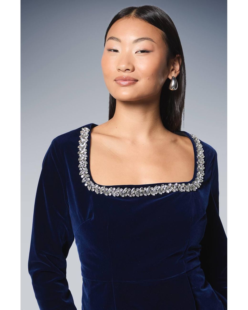 Dorothy Perkins Blue Petite Velvet Embellished Neckline Structured Mini Dress