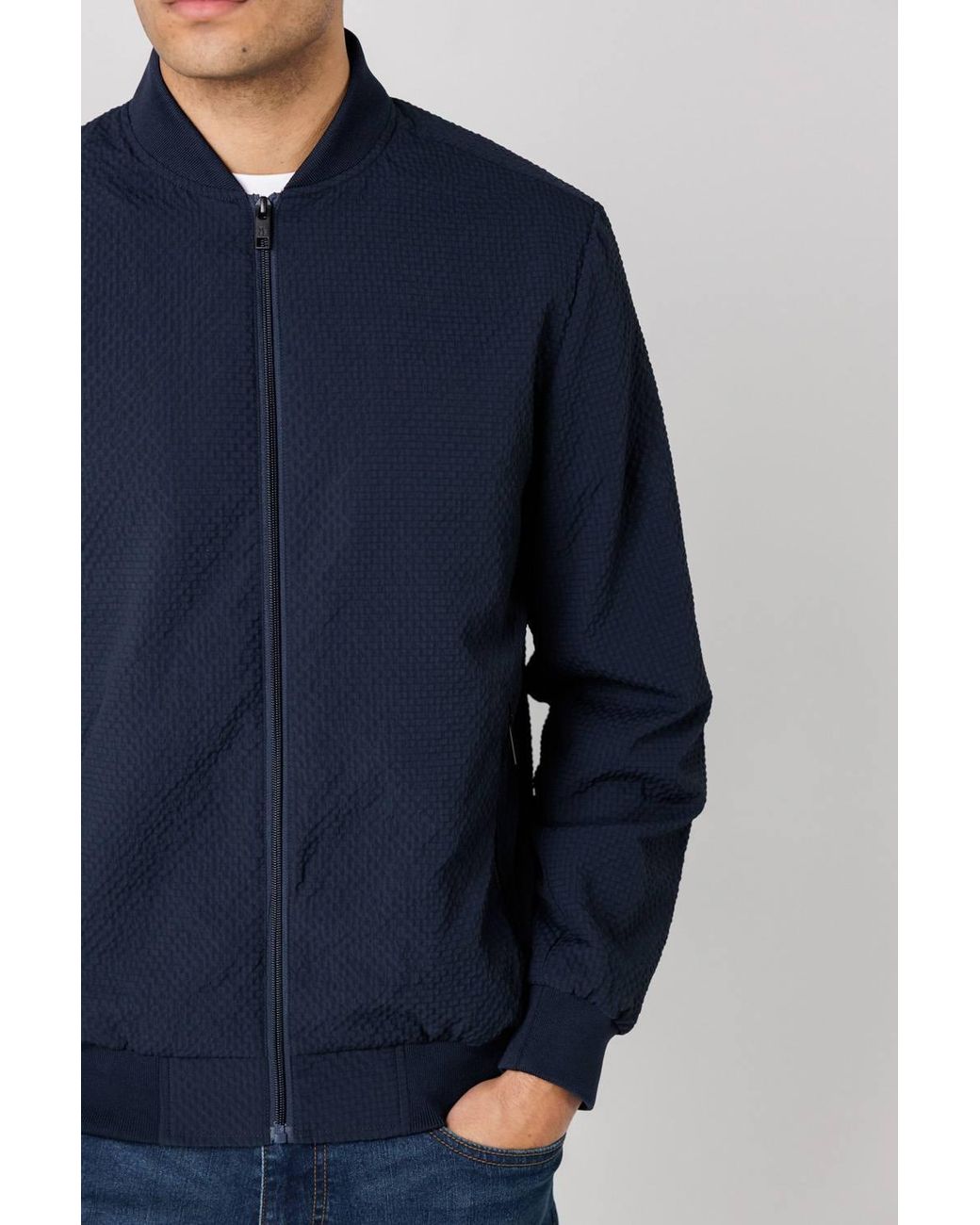 Tokyo Laundry Blue Seersucker Bomber Jacket With Zip-Up & Side Pockets for men