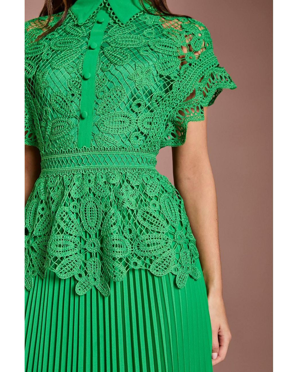 Coast Green Collared Lace Top Pleated Skirt Midi Dress