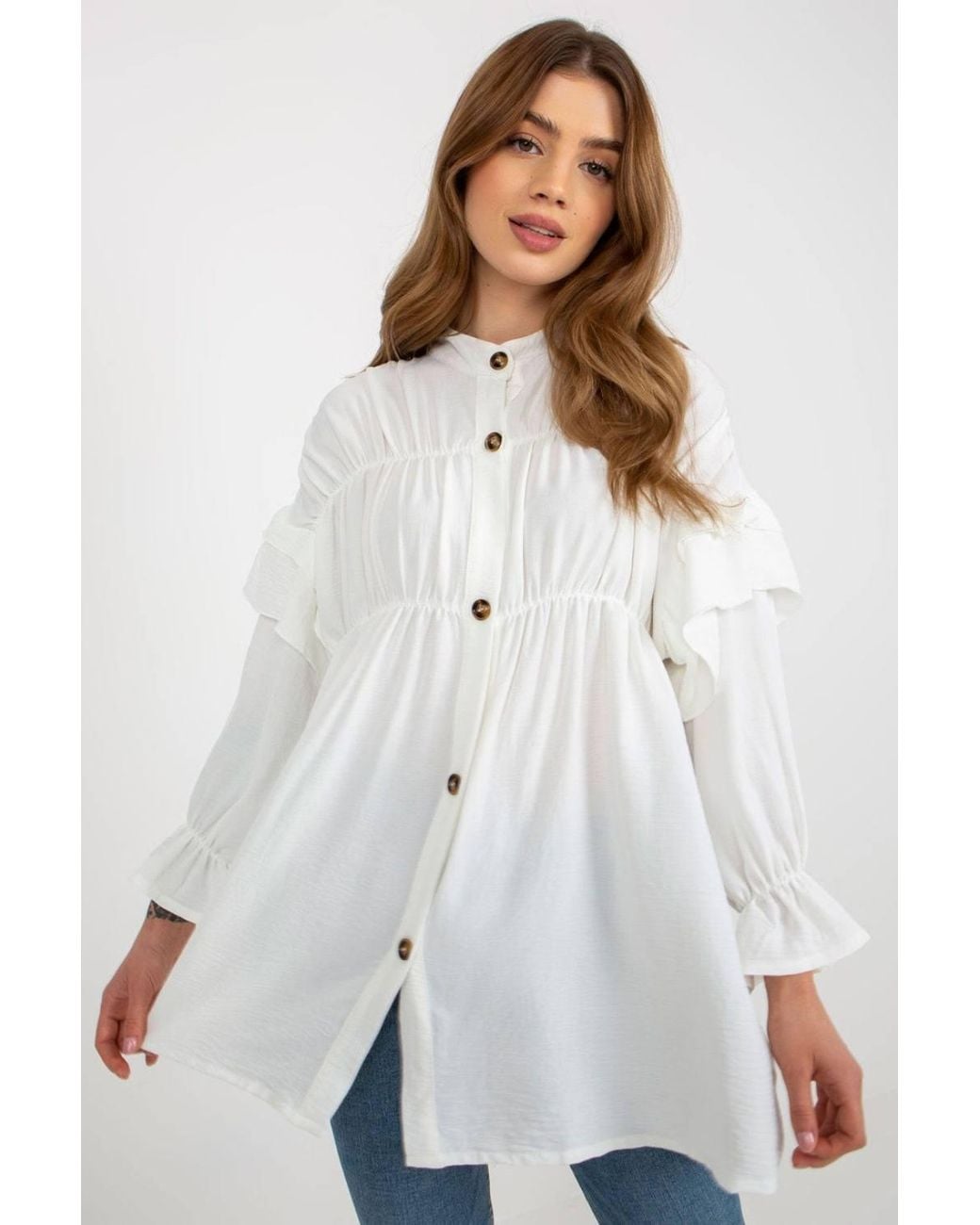 KDMD White Long Sleeve Loose Button Down Shirt Ruffles