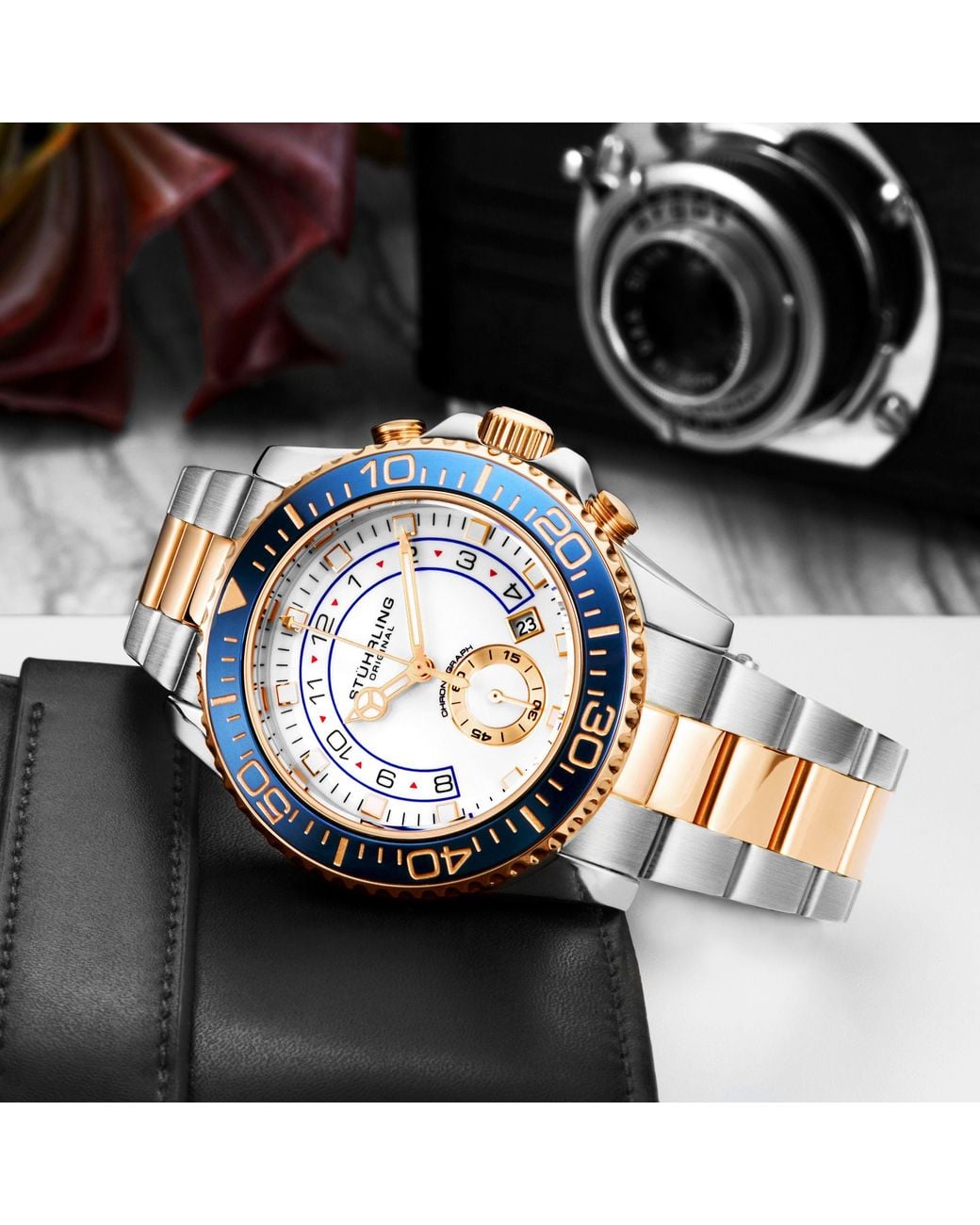 Stuhrling Blue Brigadier Quartz Chronograph 42Mm Diver Watch With Stainless Steel Link Bracelet for men