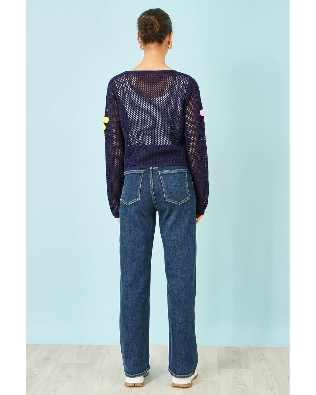 Yumi' Blue Tie Front Cardigan With Flower Design