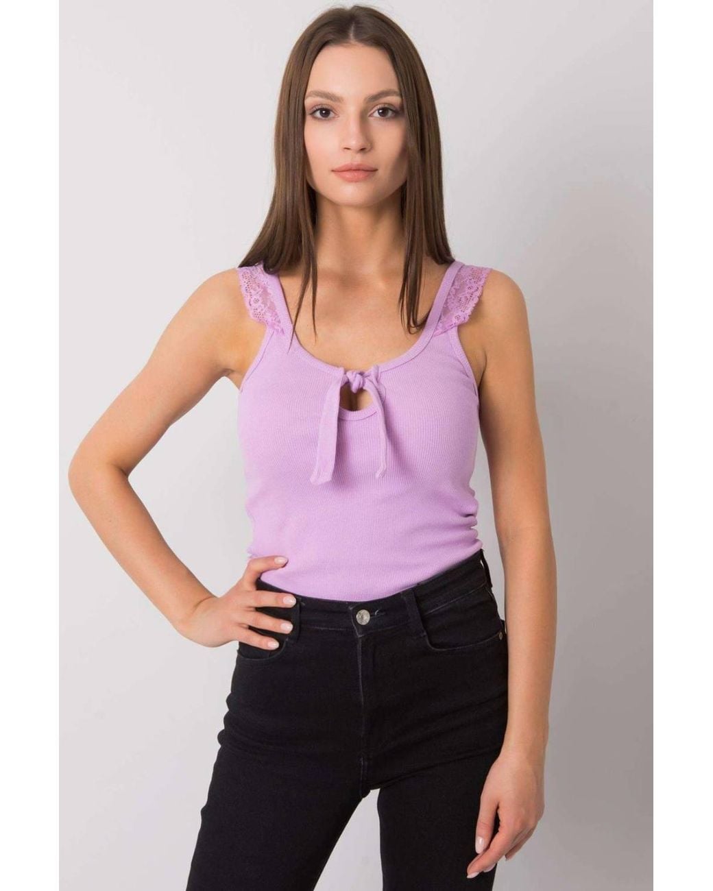 Love Lace Purple Strapy Acrylic Ribbed Lace Round Neck Top