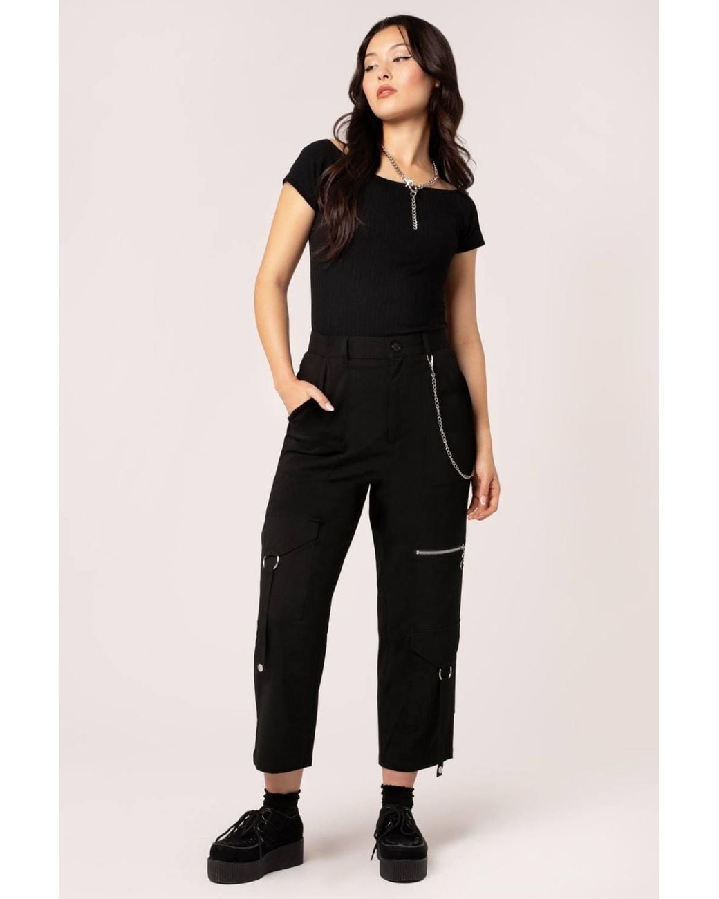 Hell Bunny Black Mallory Cropped Straight Leg Trousers Chain & Pocket Detail