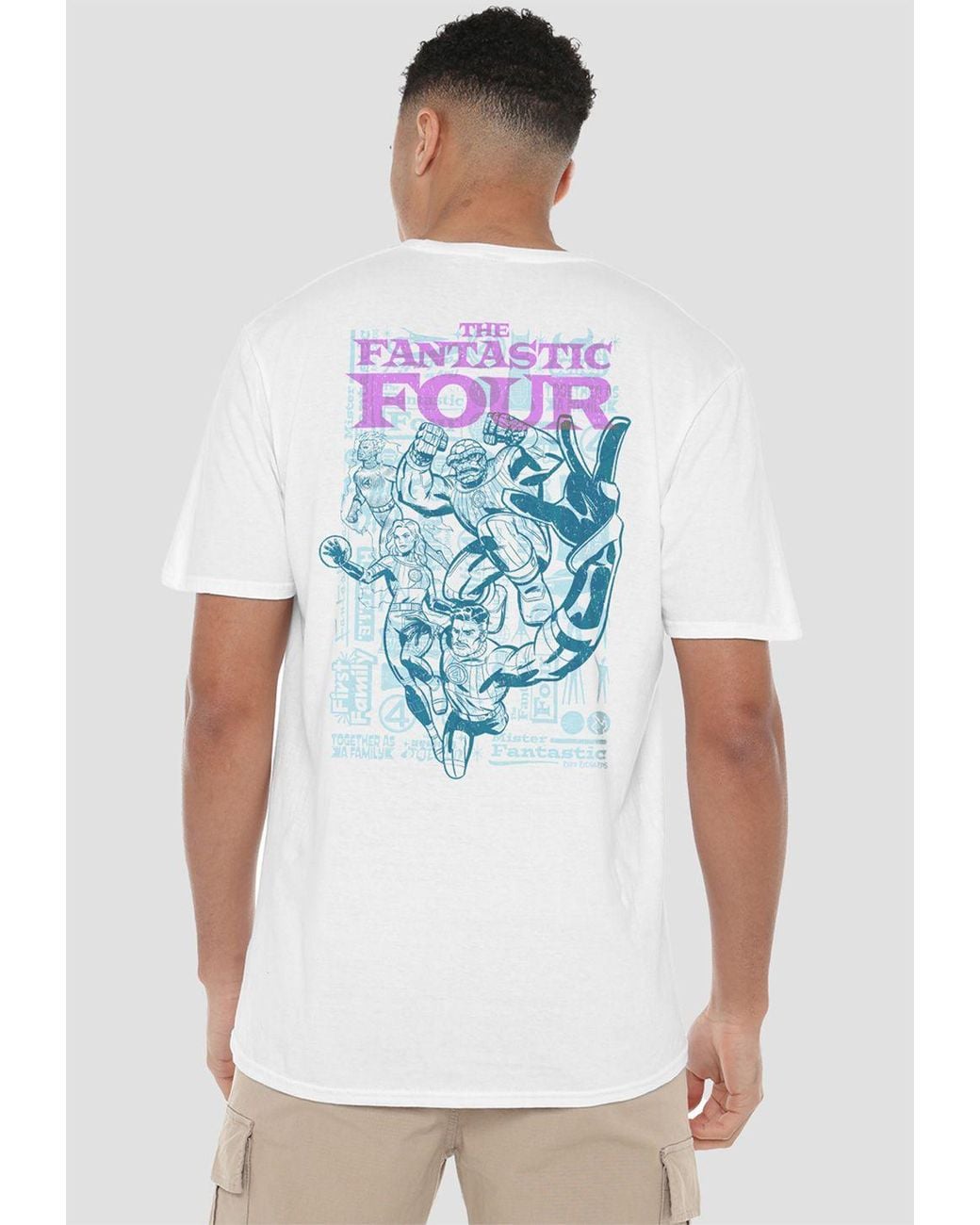 Marvel White Fantastic Four Lineart Heroic First Family (Back Print) T-Shirt