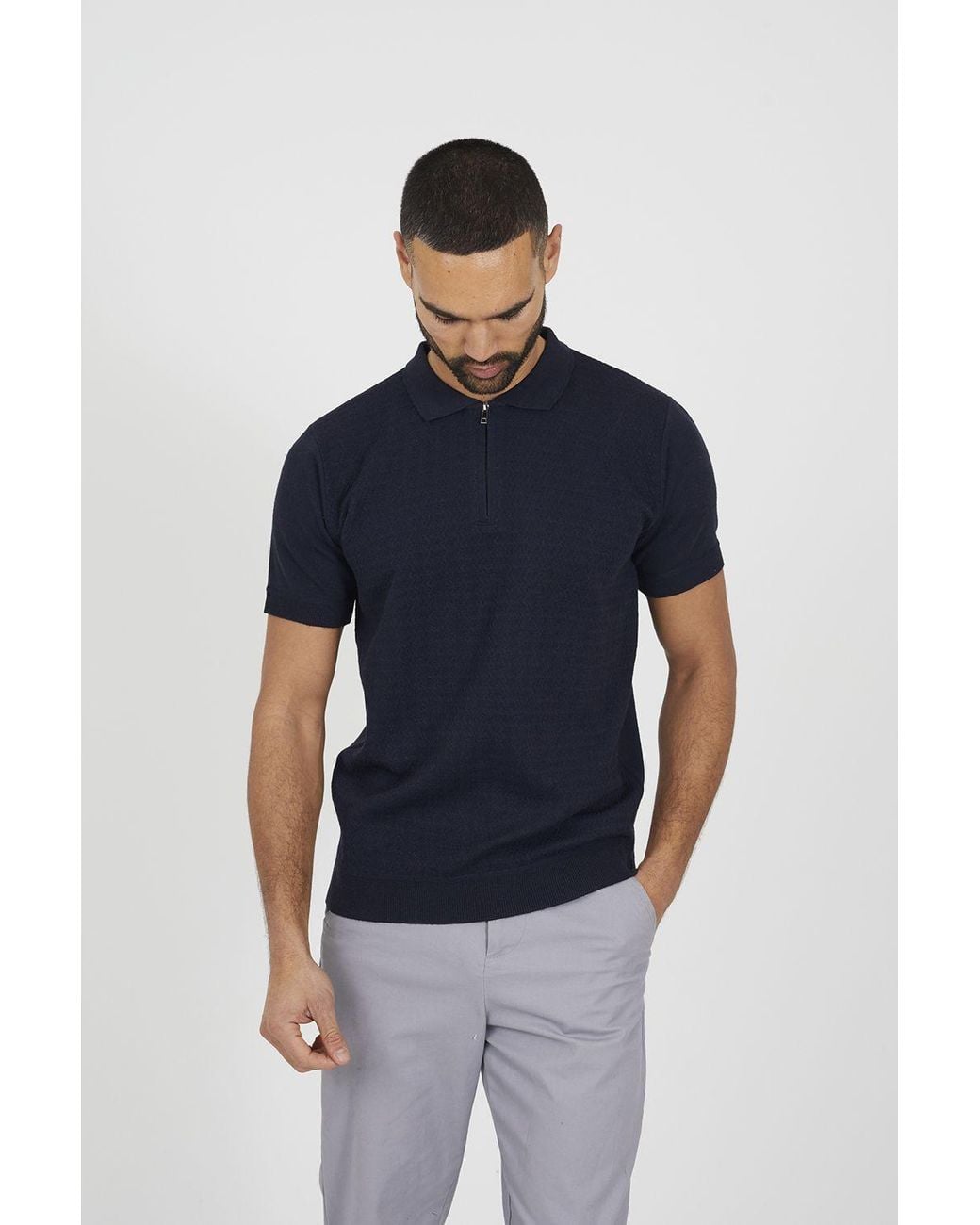 Brave Soul Blue Textured Zip Neck Knitted Polo for men