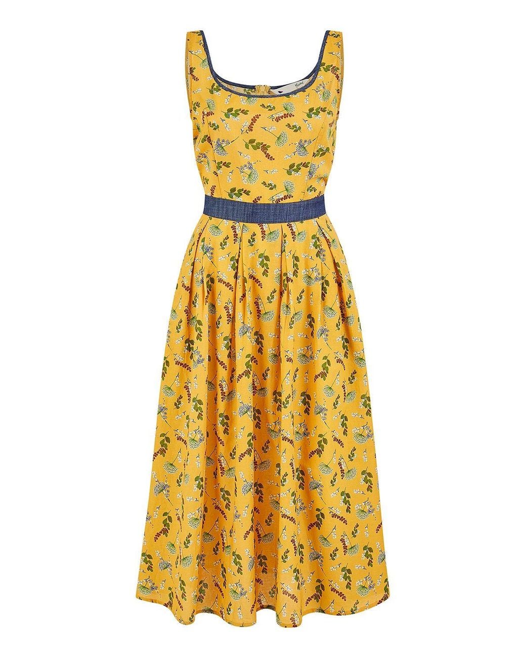 Yumi' Yellow Floral Skater Dress With Denim Trims