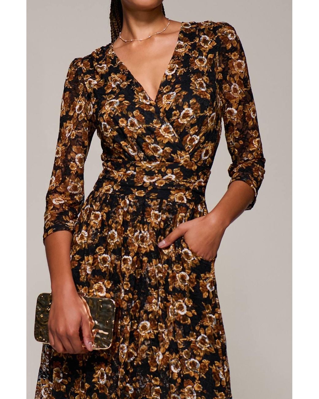 Jolie Moi Brown Three Quarter Sleeve Printed Lace Maxi Dress