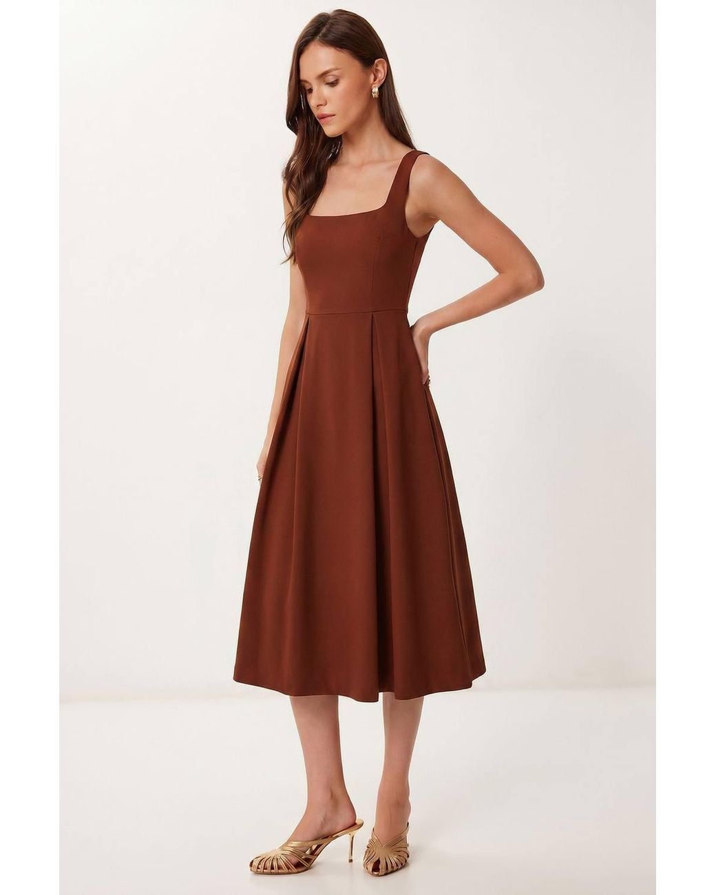 Happiness İstanbul Red Square Collar A-Form Midi Dress With Zipper Closure