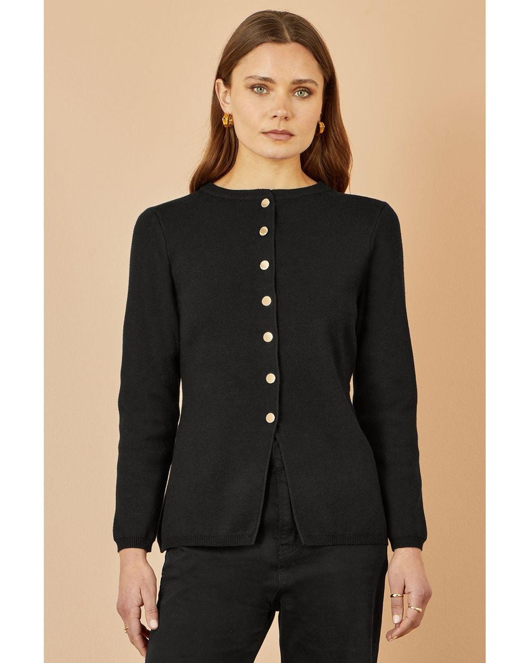 Yumi' Black Knitted Fitted Button Down Peplum Cardigan