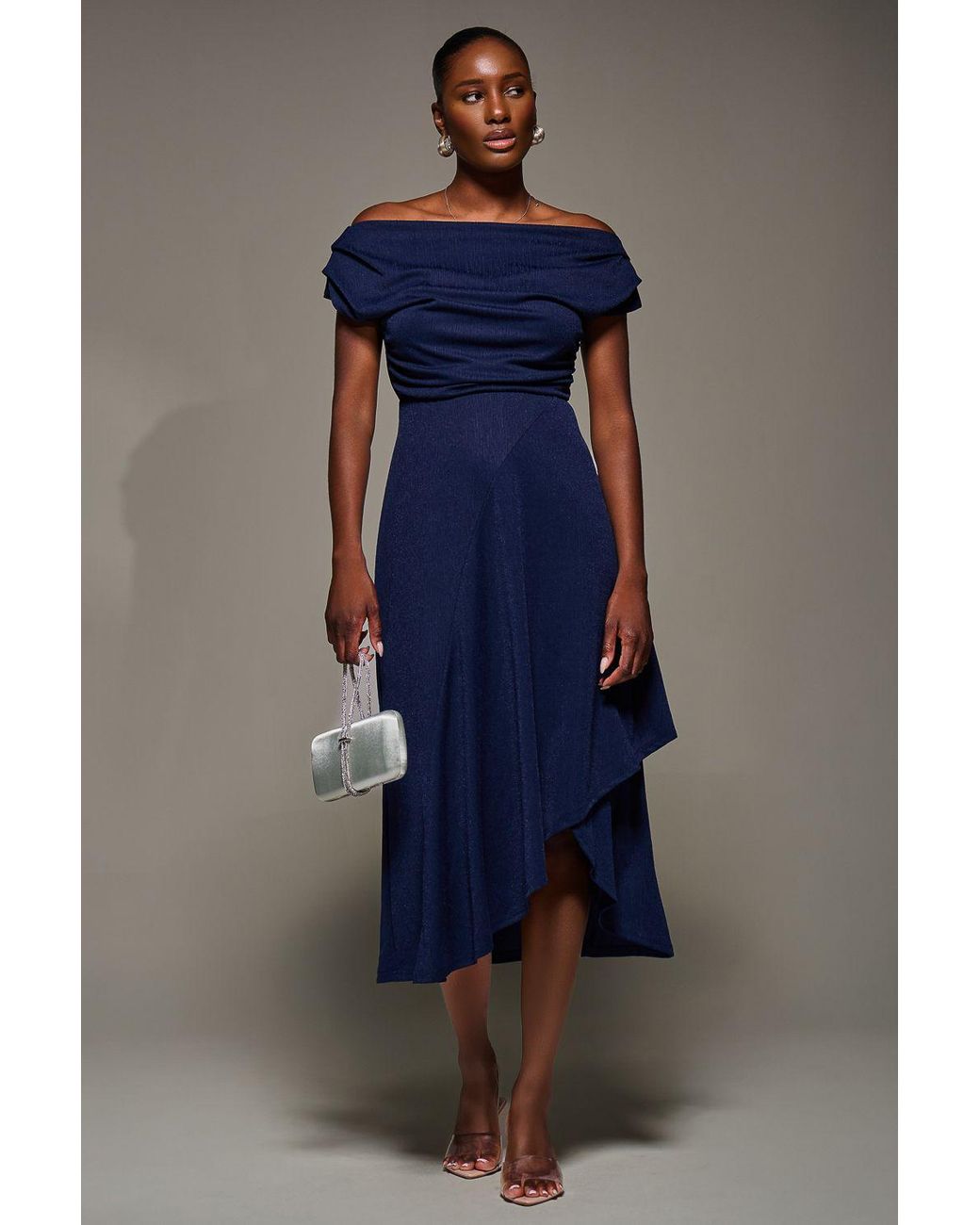 Jolie Moi Blue Draped Jersey Cowl Neck Midi Dress