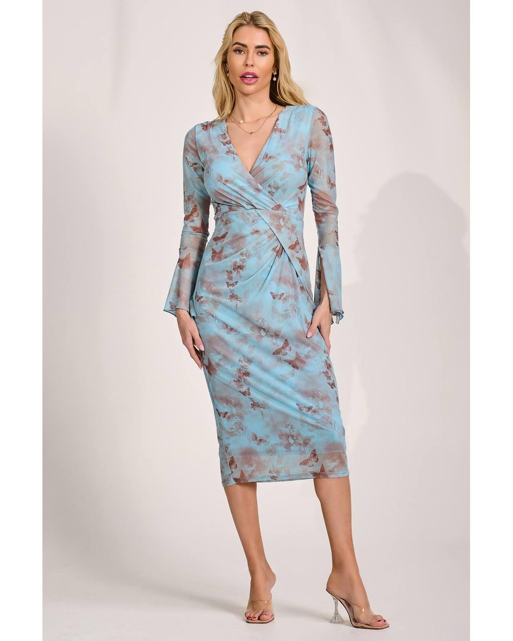 Jolie Moi Blue Long Sleeve Mesh Bodycon Dress