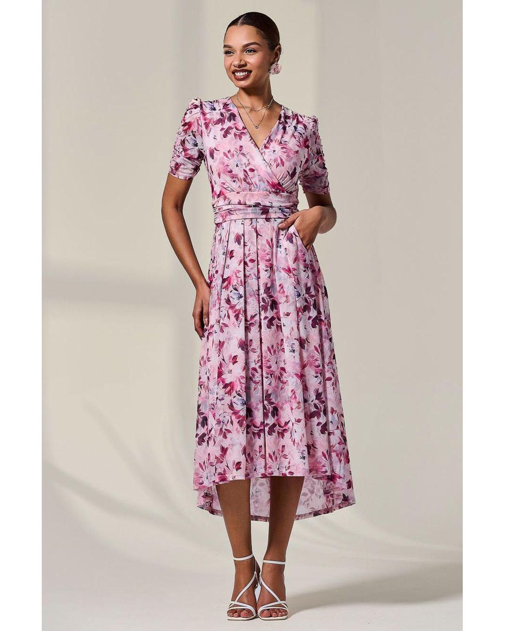 Jolie Moi Pink Petite Wrap Front Ruched Sleeve Midi Dress
