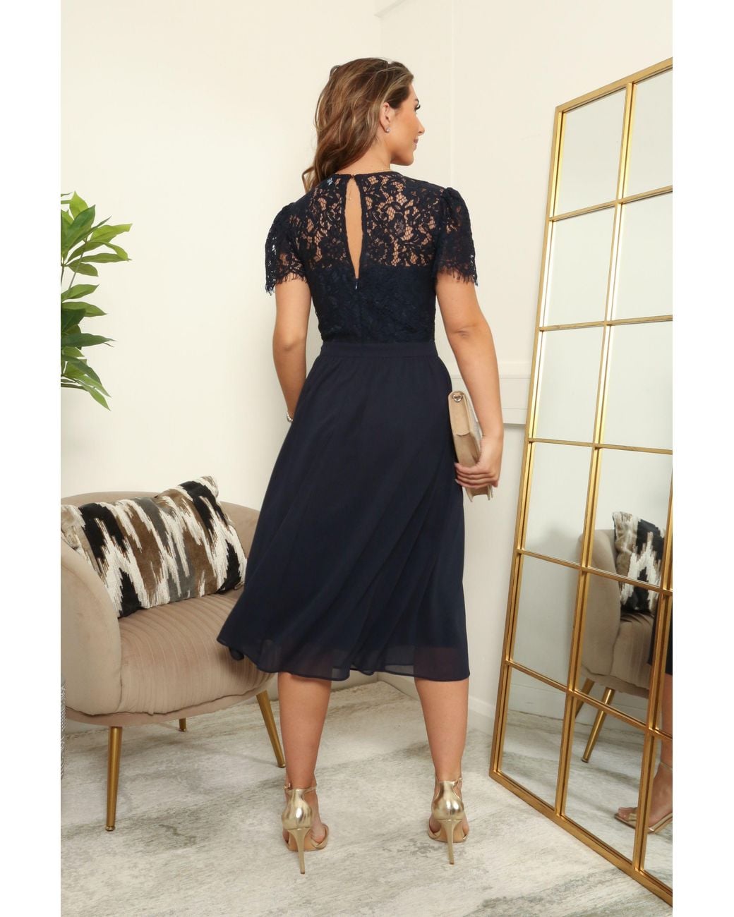 Double Second Blue Wrap Front Lace Chiffon Midi Dress