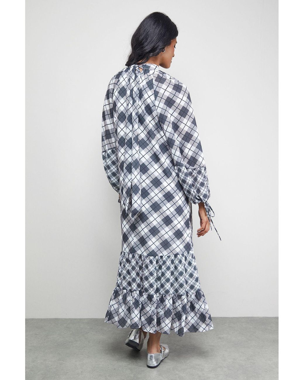 Warehouse Blue Tony Chiffon High Neck Tier Smock Midi Dress