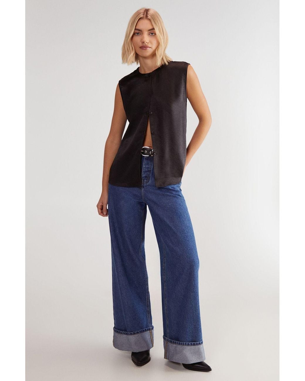 Nasty Gal Black Textured Satin Button Through Collarless Vest