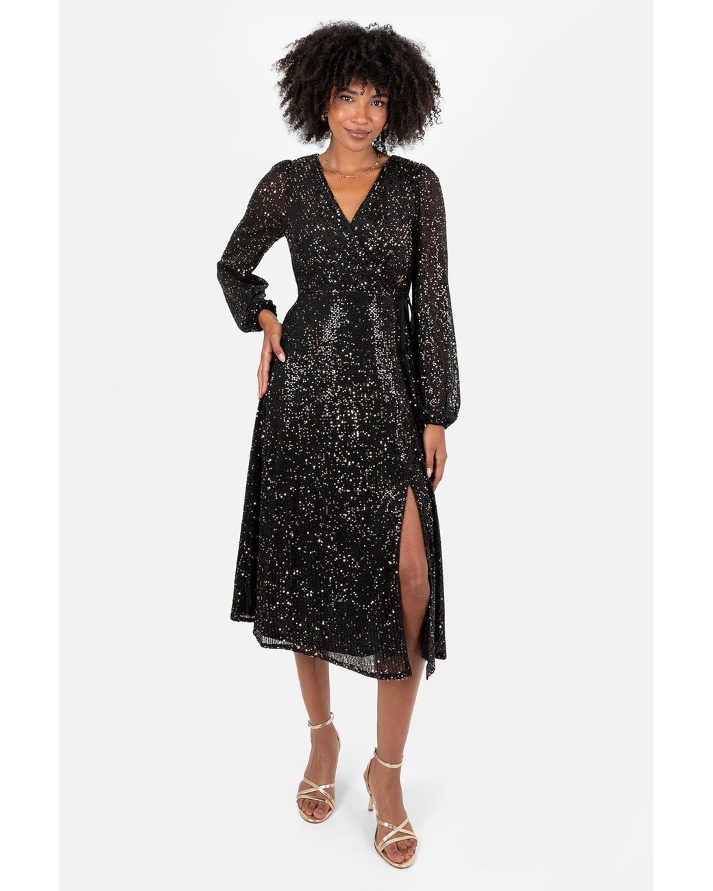 Lovedrobe Black Sequin Faux Wrap Long Sleeve Midi Dress