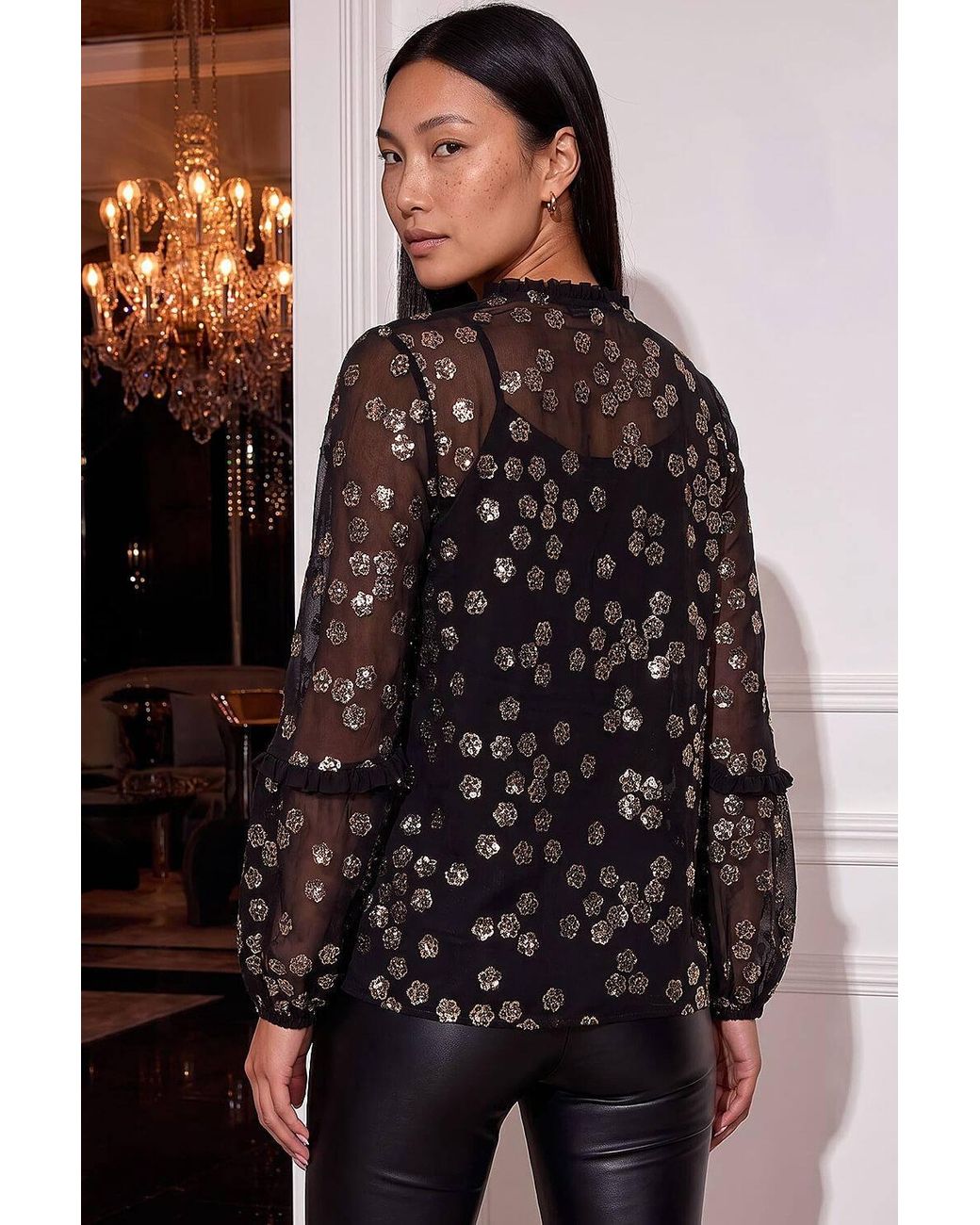 Roman Black Floral Sequin Tie Neck Top