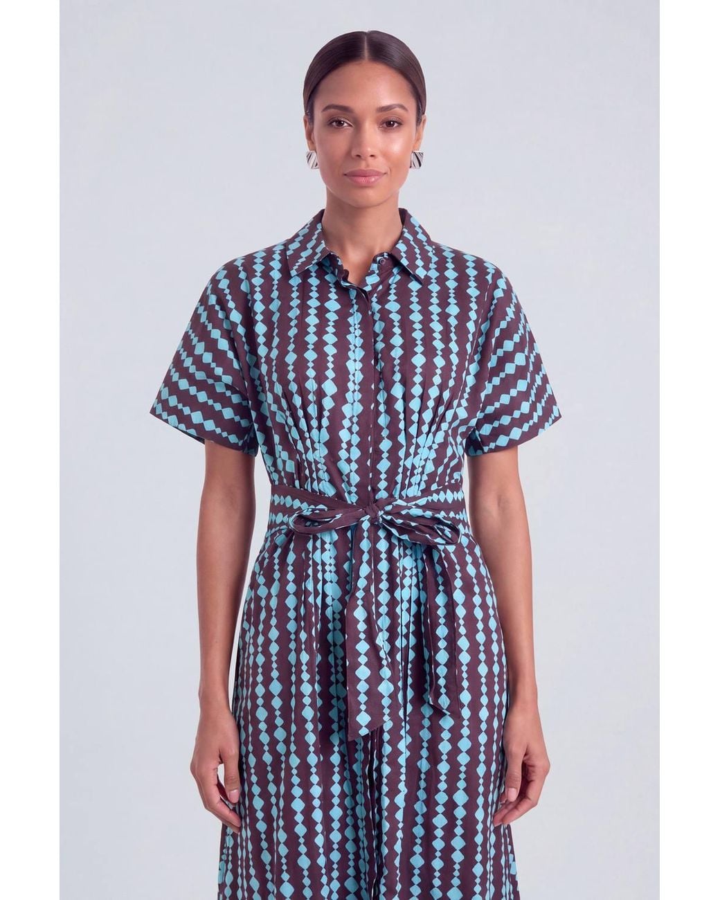 PRINCIPLES Blue Geo Belted Collar Midi Dress
