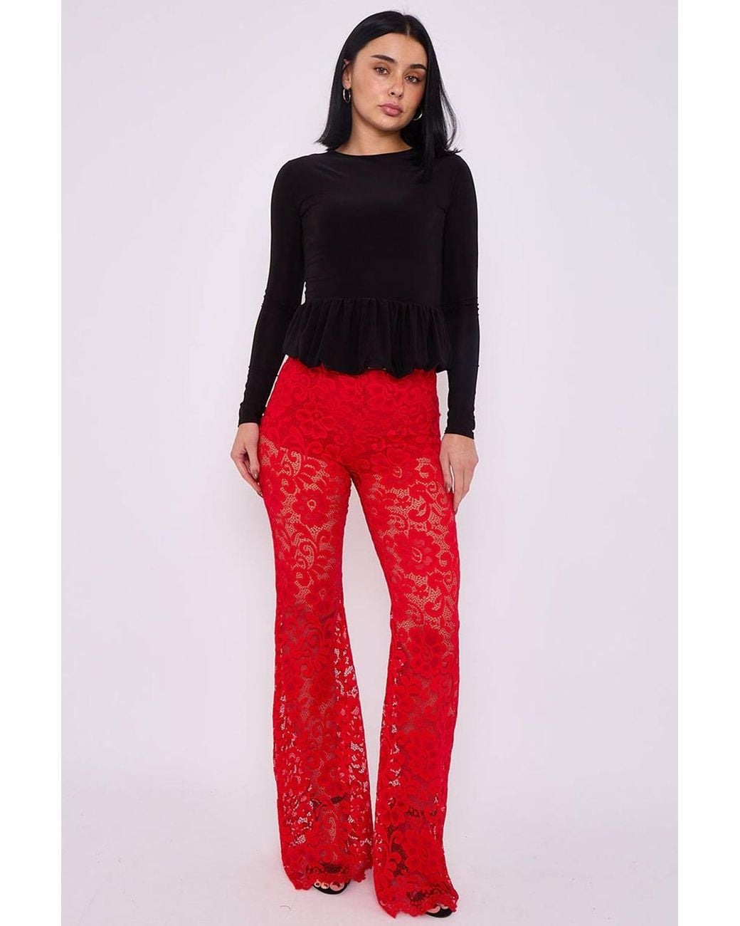 Stylewise Lace Detail High Waist Flared Trousers