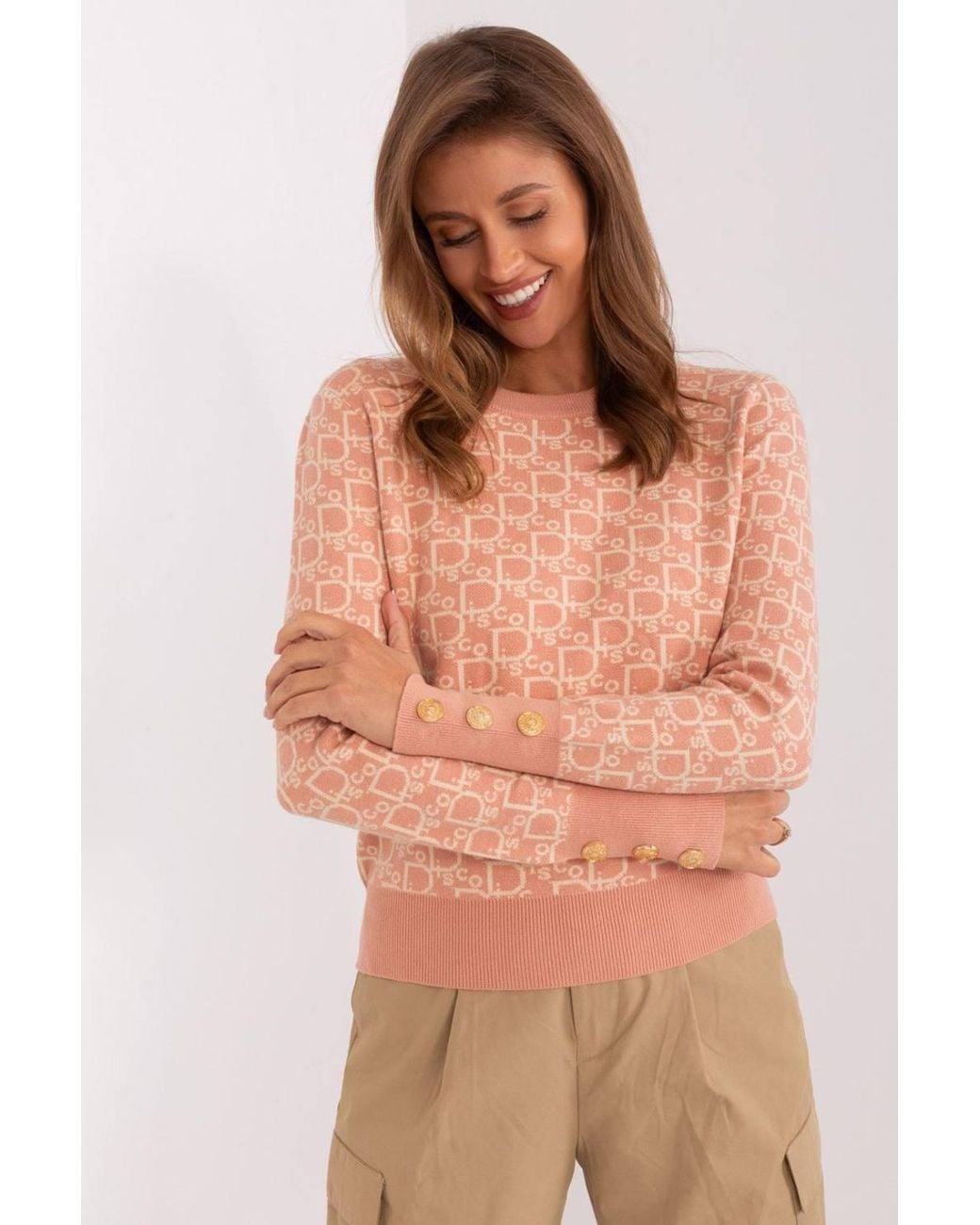 Love Lace Pink Round Neck Printed Sweater With Button Cuffs