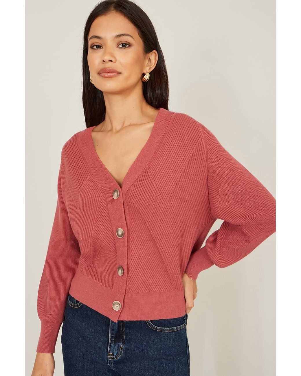 Yumi' Red Rose Relaxed Fit Cardigan With Stitch Detail