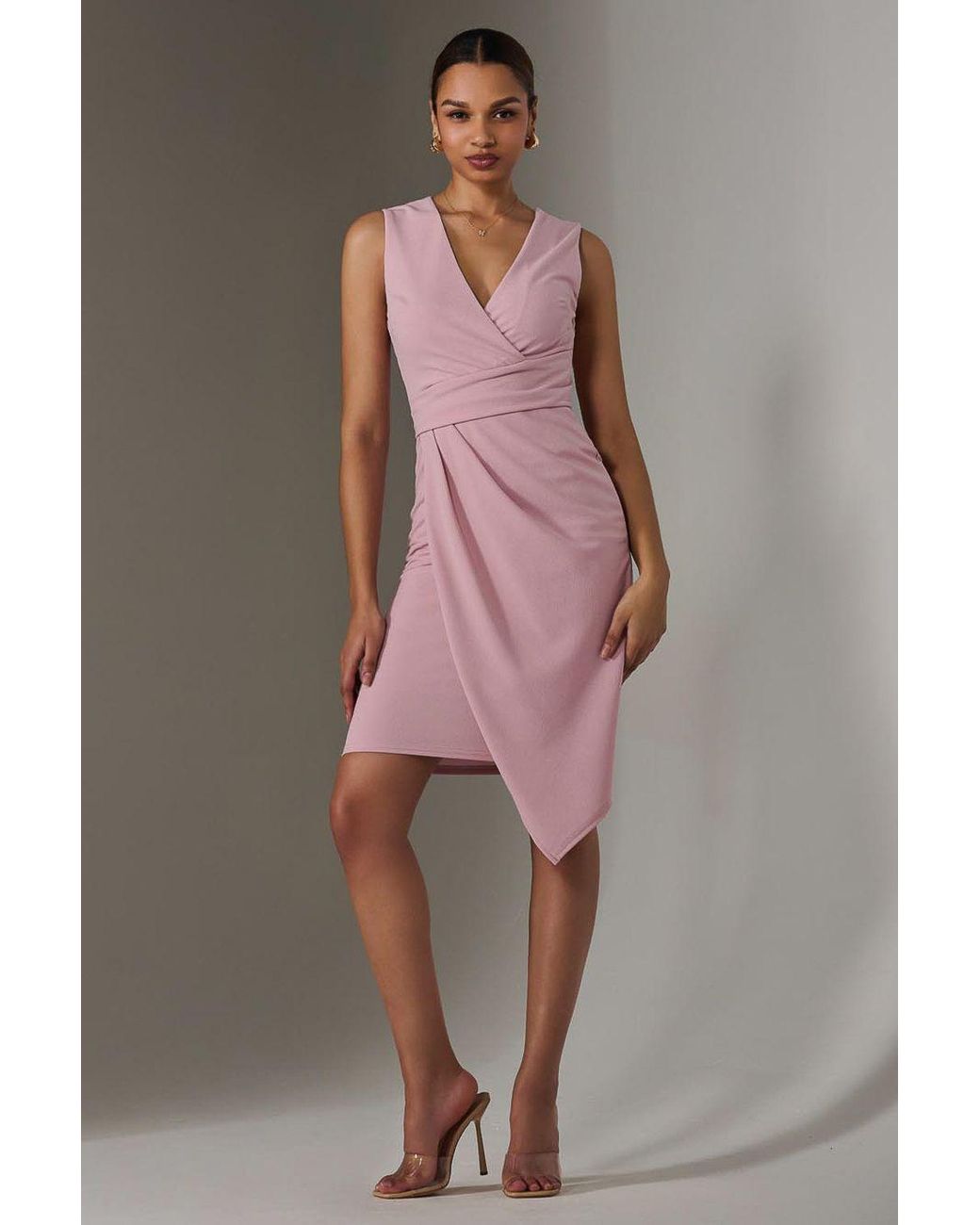 Jolie Moi Pink Sleeveless Wrap Front Midi Dress