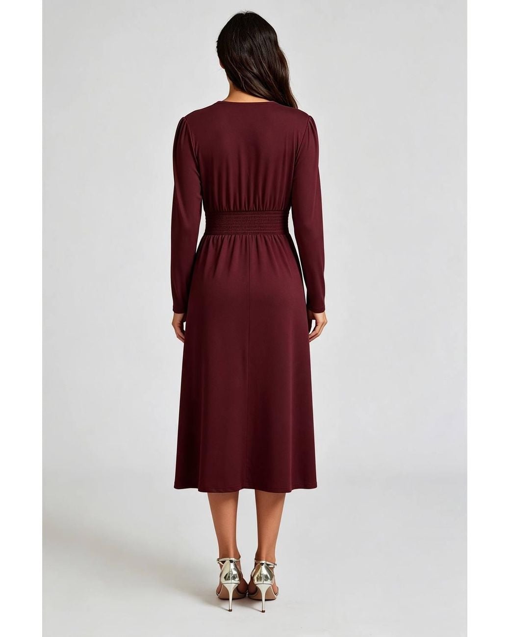 FS Collection Red Jersey Wrap Front Long Sleeve Midi Dress