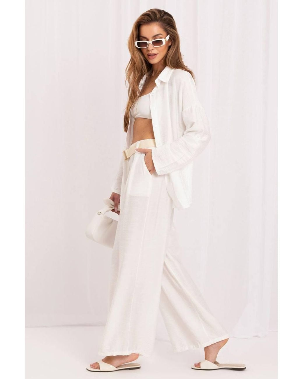 Love Lace Natural Minimal Viscose High Waisted Wide Leg Trousers