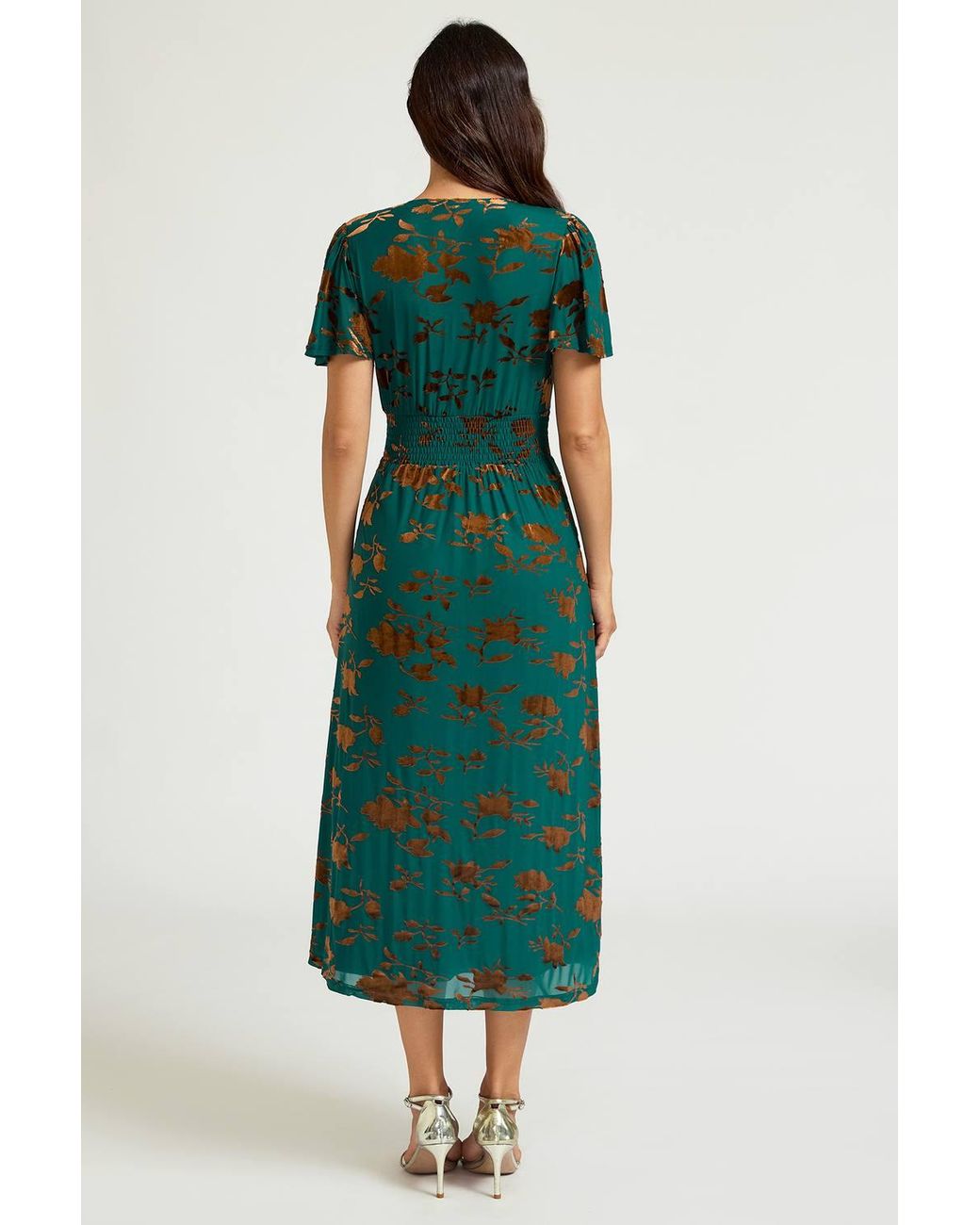 FS Collection Green Velvet Flock Short Sleeve Midi Dress
