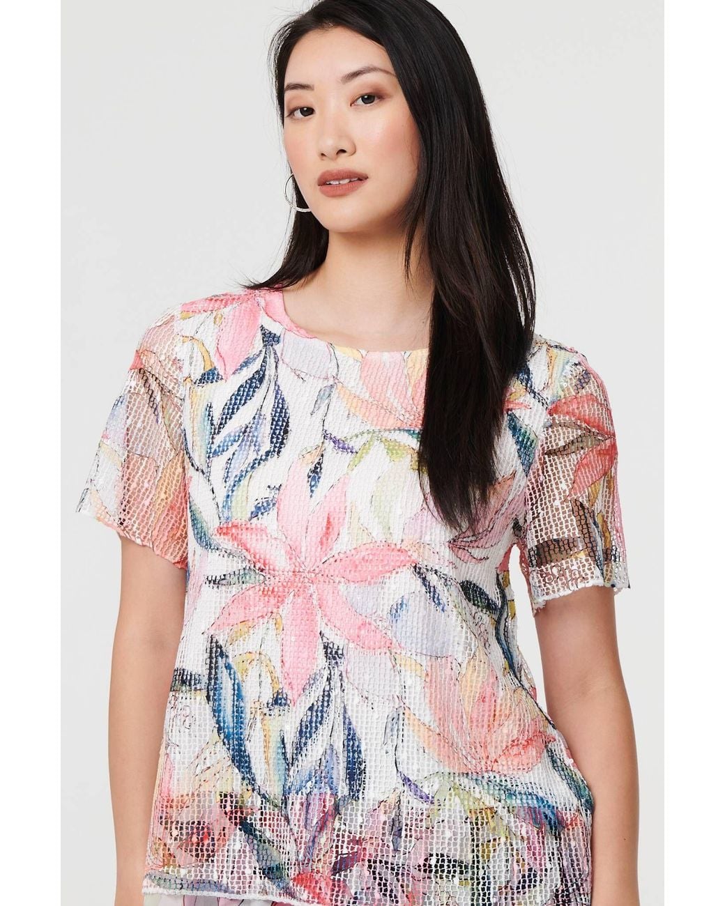 Izabel London White Floral Short Sleeve Mesh Layered Top