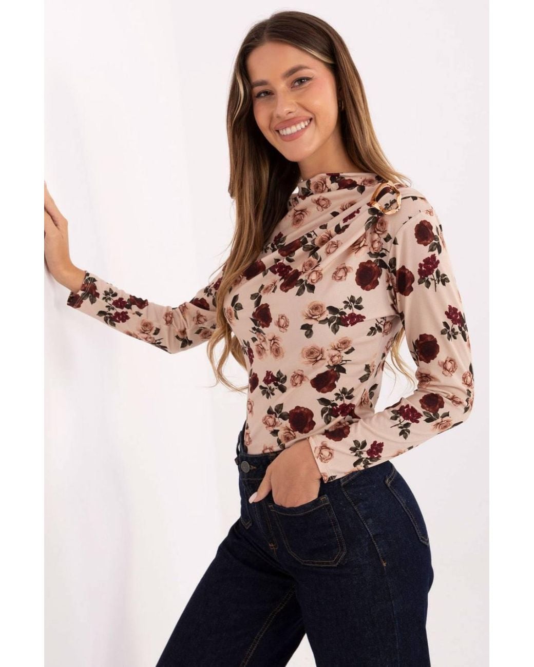 Love Lace Natural Elegant Floral Fitted Blouse With Metal Pleat