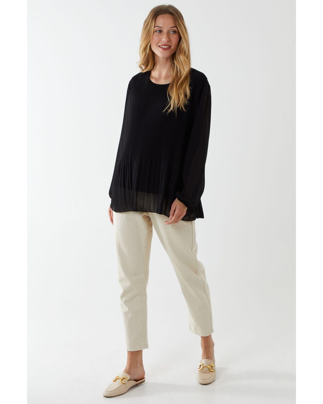 Blue Vanilla Black Long Sleeve Pleated Top