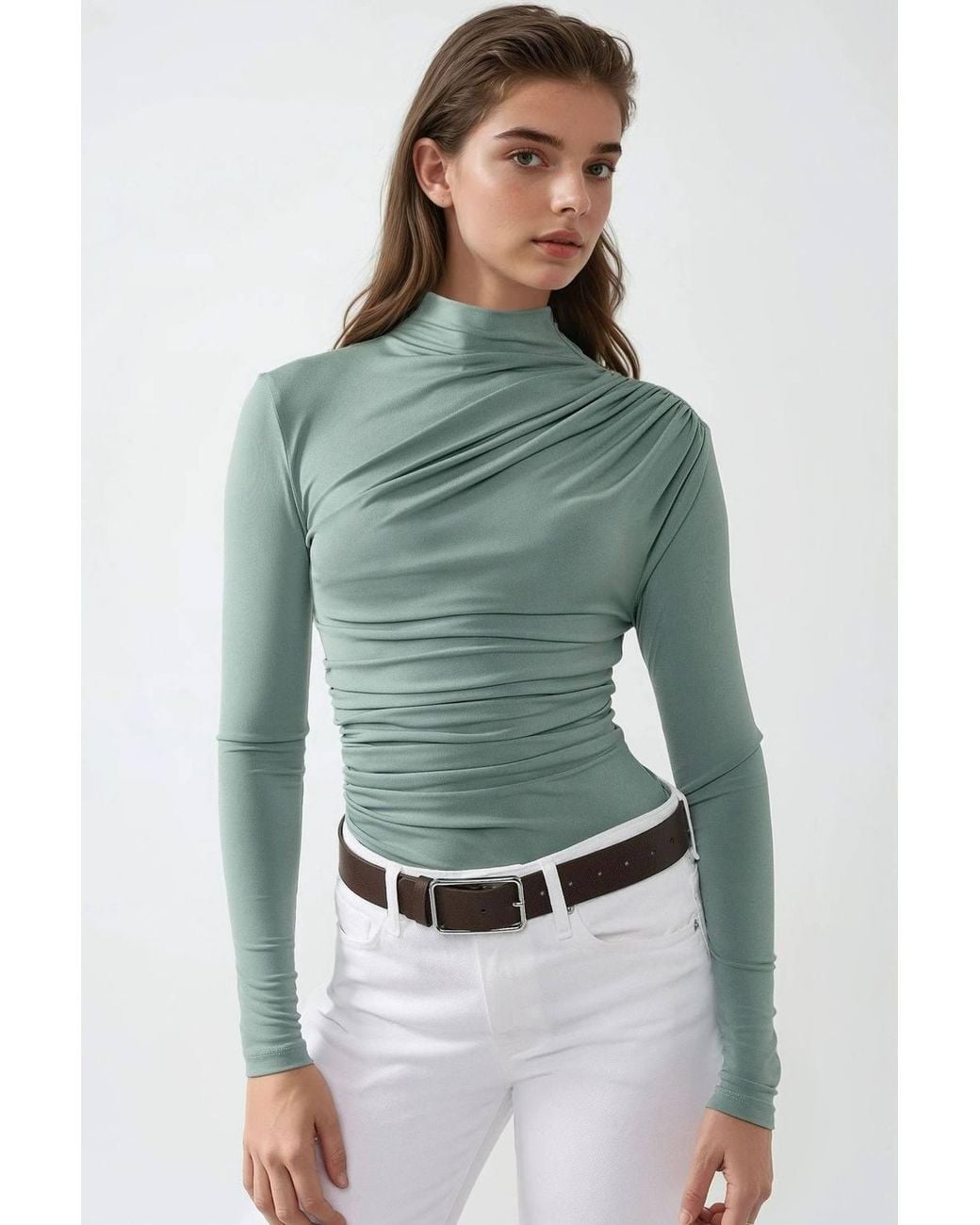 Hiccup Green High Collar Drape Detail Blouse