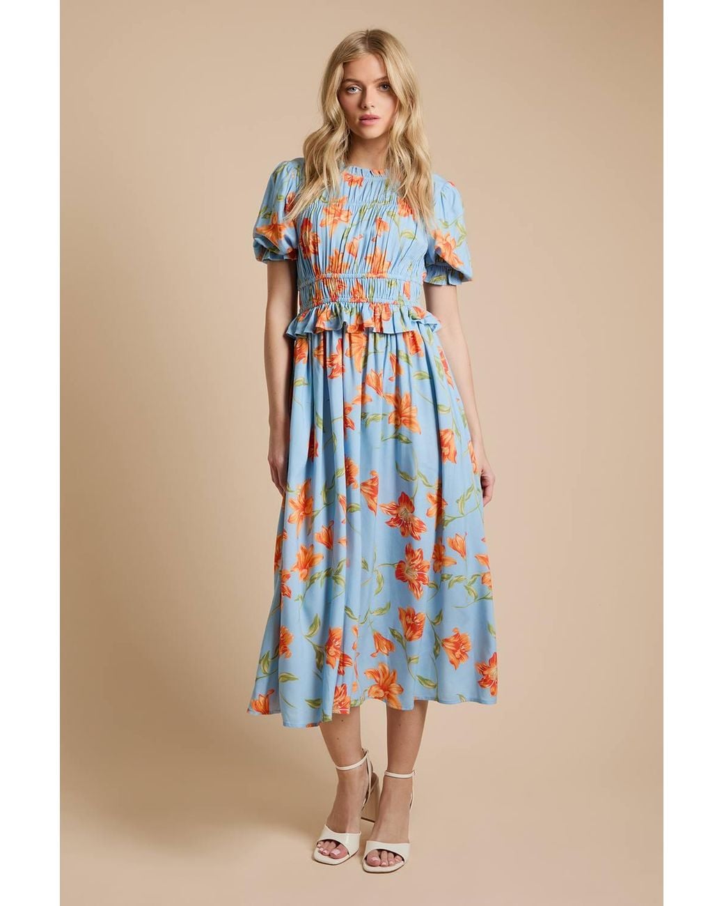 Dorothy Perkins Blue Shirred Bodice Frill Midi Dress