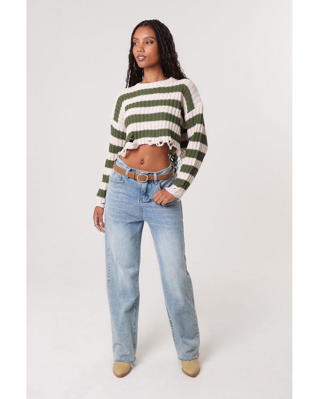 Pink Vanilla Blue Distressed Striped Crop Knit Jumper