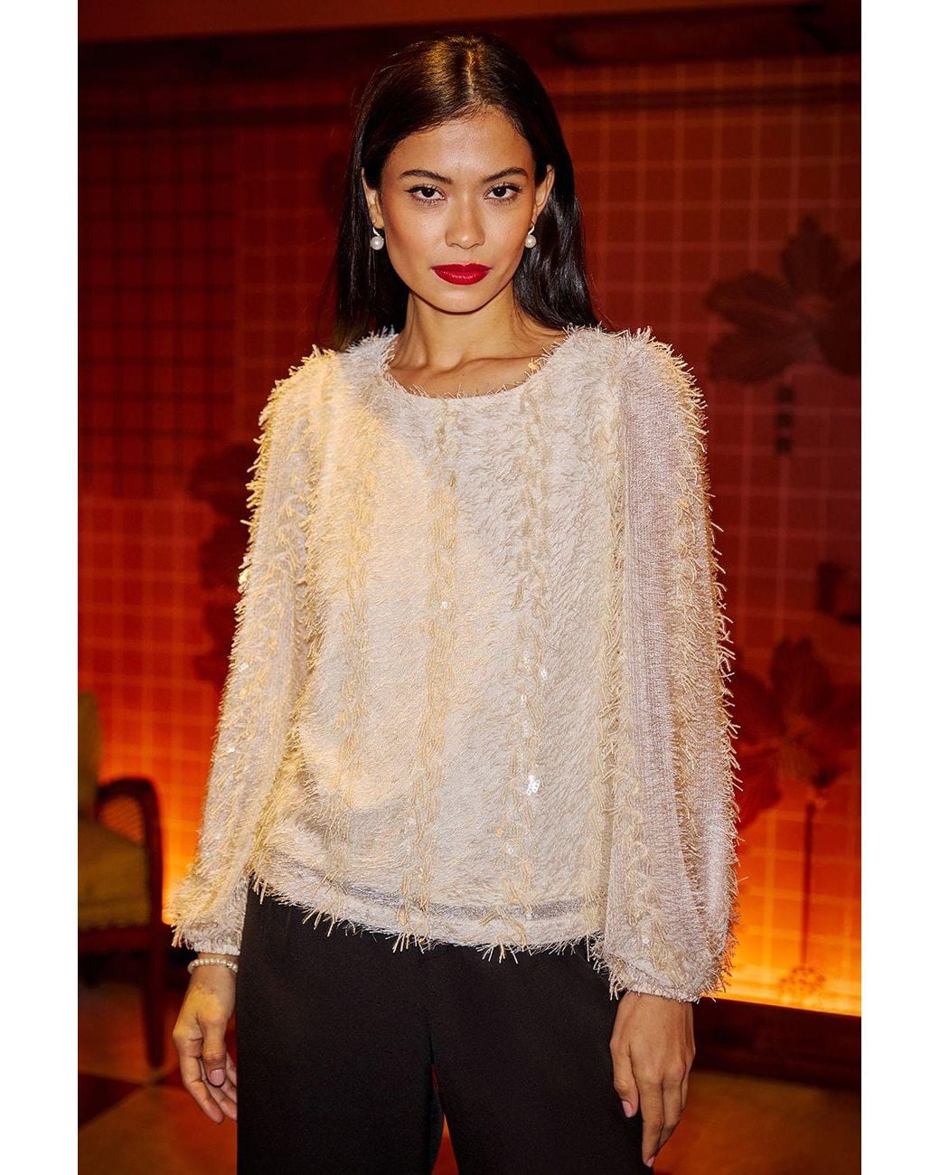 Yumi' Red Hanging Sequin Long Sleeve Top