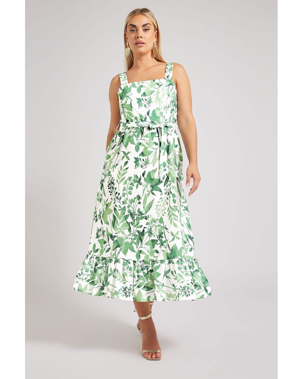 Yours White Botanical Leaf Print Linen Look Dress