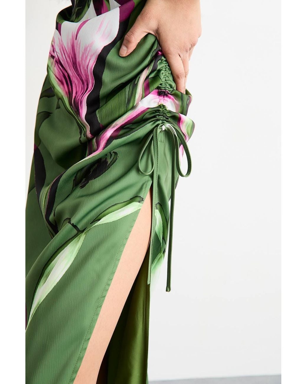Warehouse Green Floral Printed Drawstring Waist Short Sleeve Midi Dress