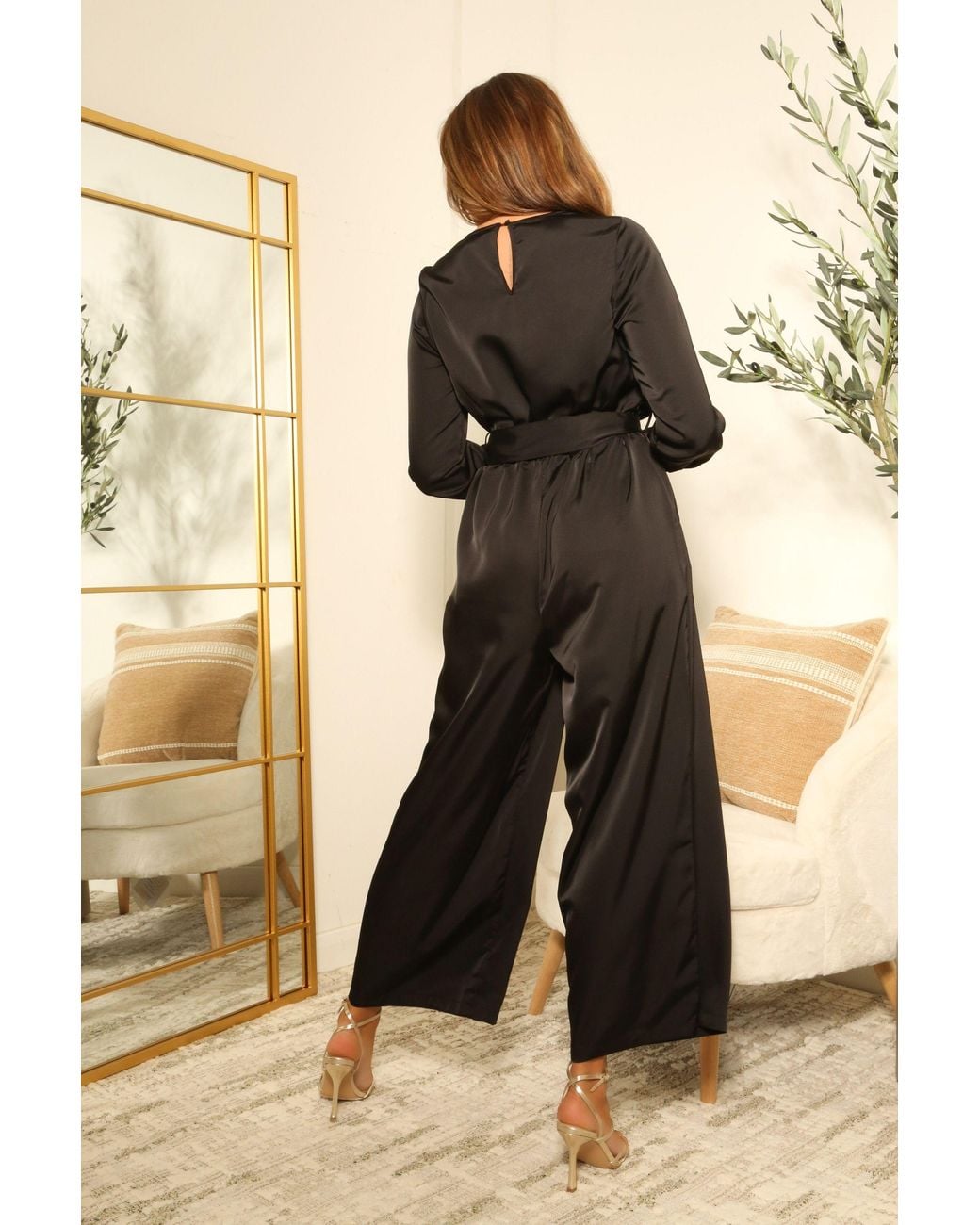 Double Second Black Lux Satin Wrap Jumpsuit