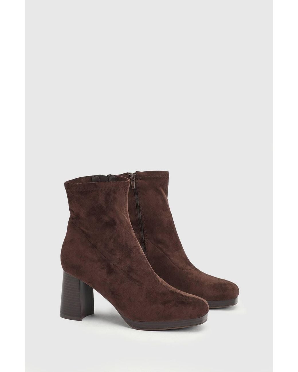 Oasis Brown Elora Faux Suede Stretch Pull On High Block Heel Ankle Boots