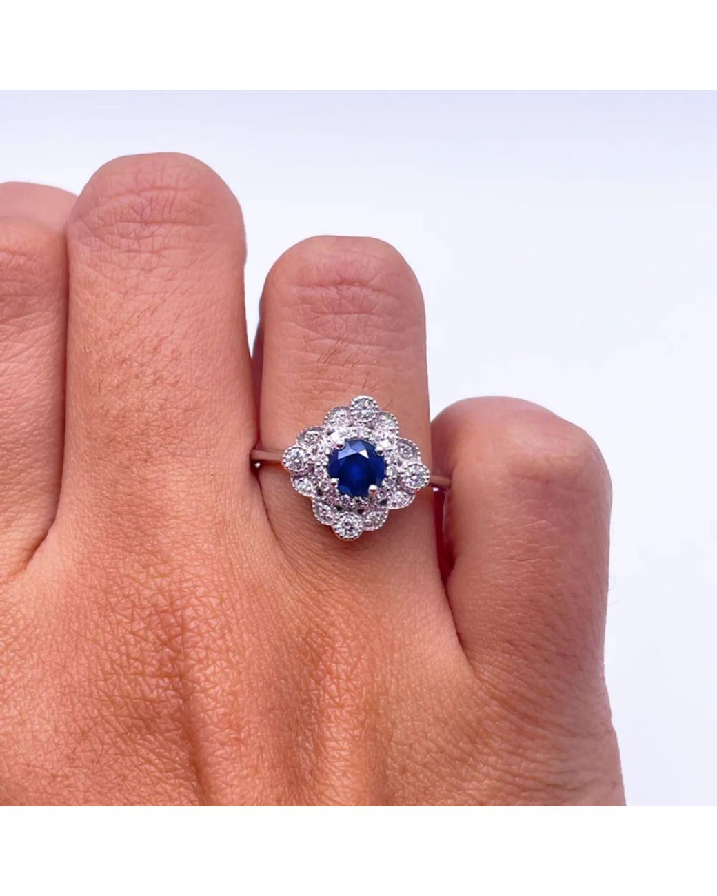 Raina Jewels Blue 14Ct Round Sapphire & Diamond Cluster Milgrain Ring