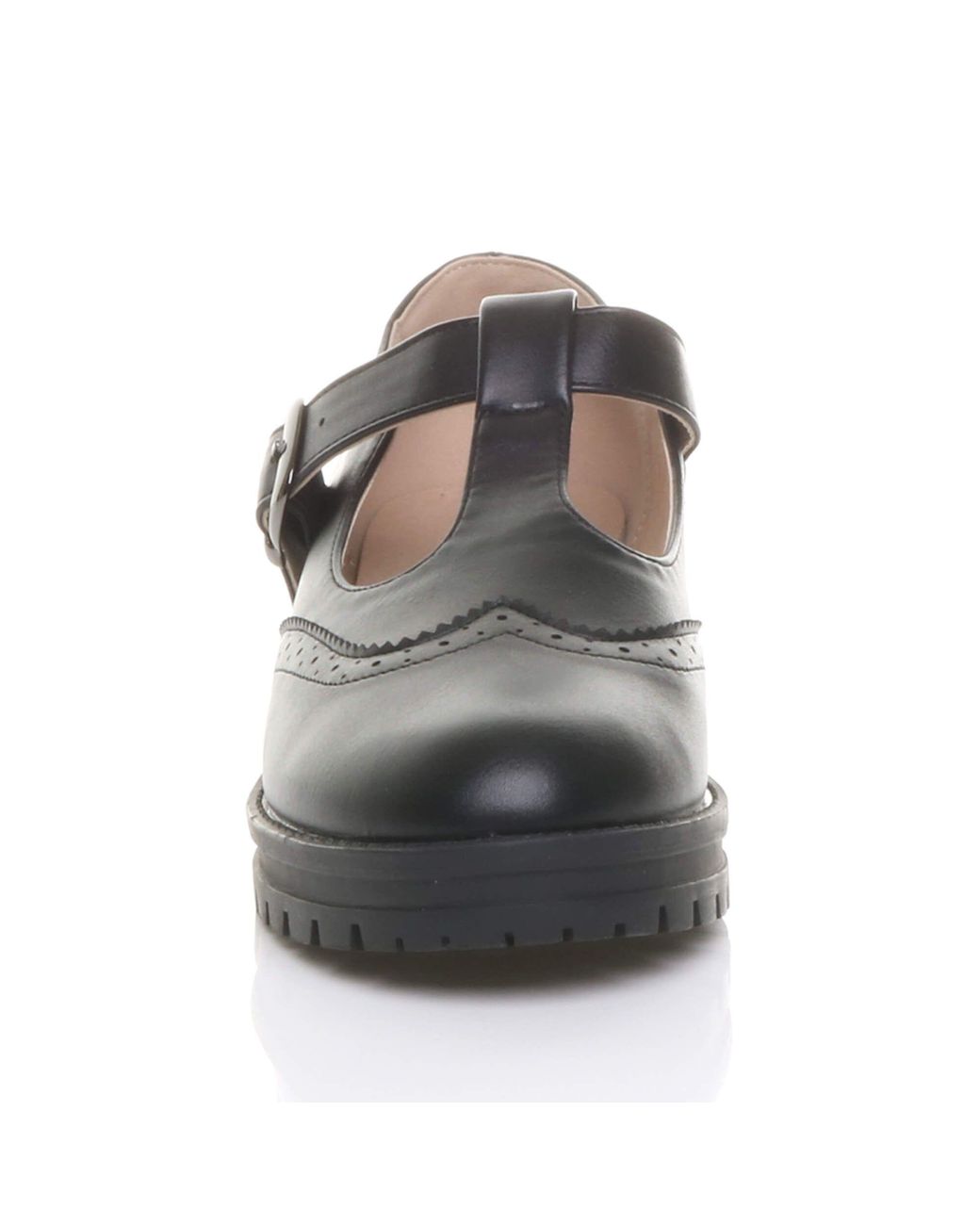 AJVANI Black Mid Heel Chunky Brogues Buckled T-Bar Mary Janes