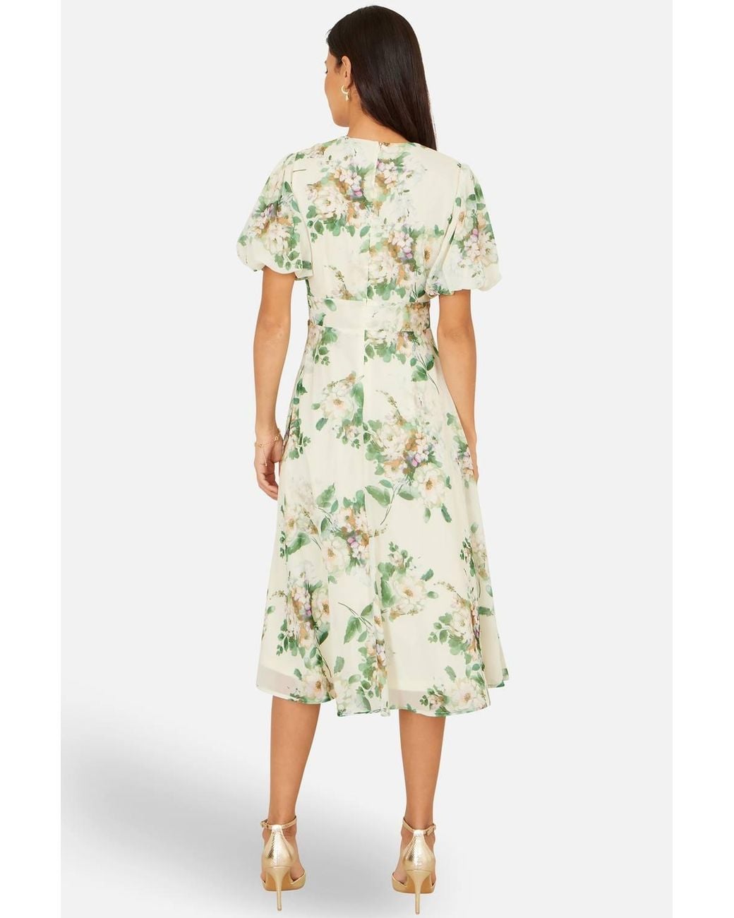 Yumi' White Ivory Floral Tea Dress With Front Ties