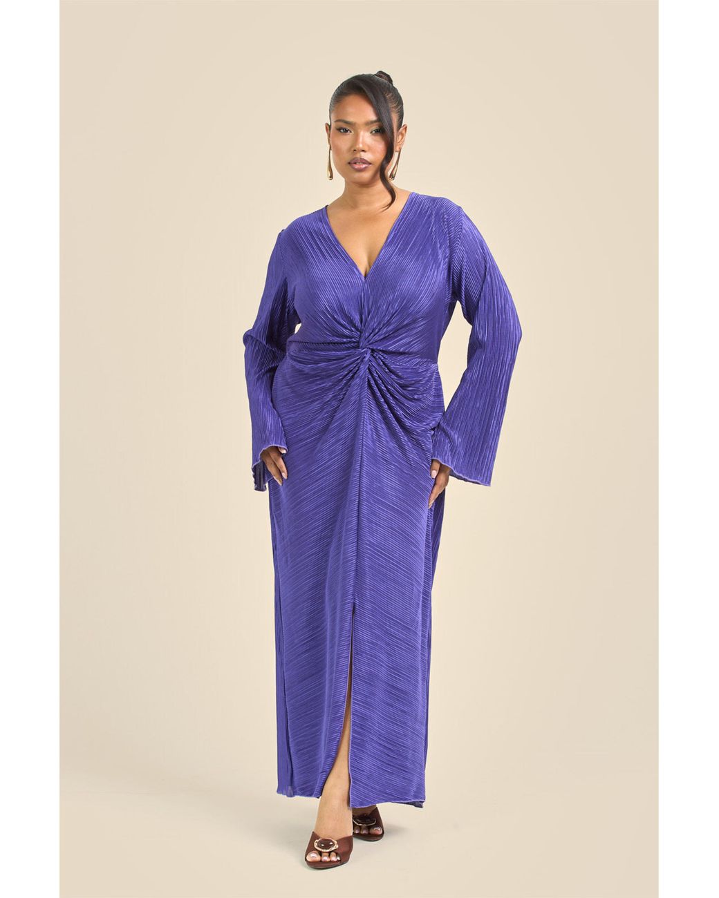 FASHION-SZN Blue Curve Twist Front Flare Sleeve Plisse Midaxi Dress