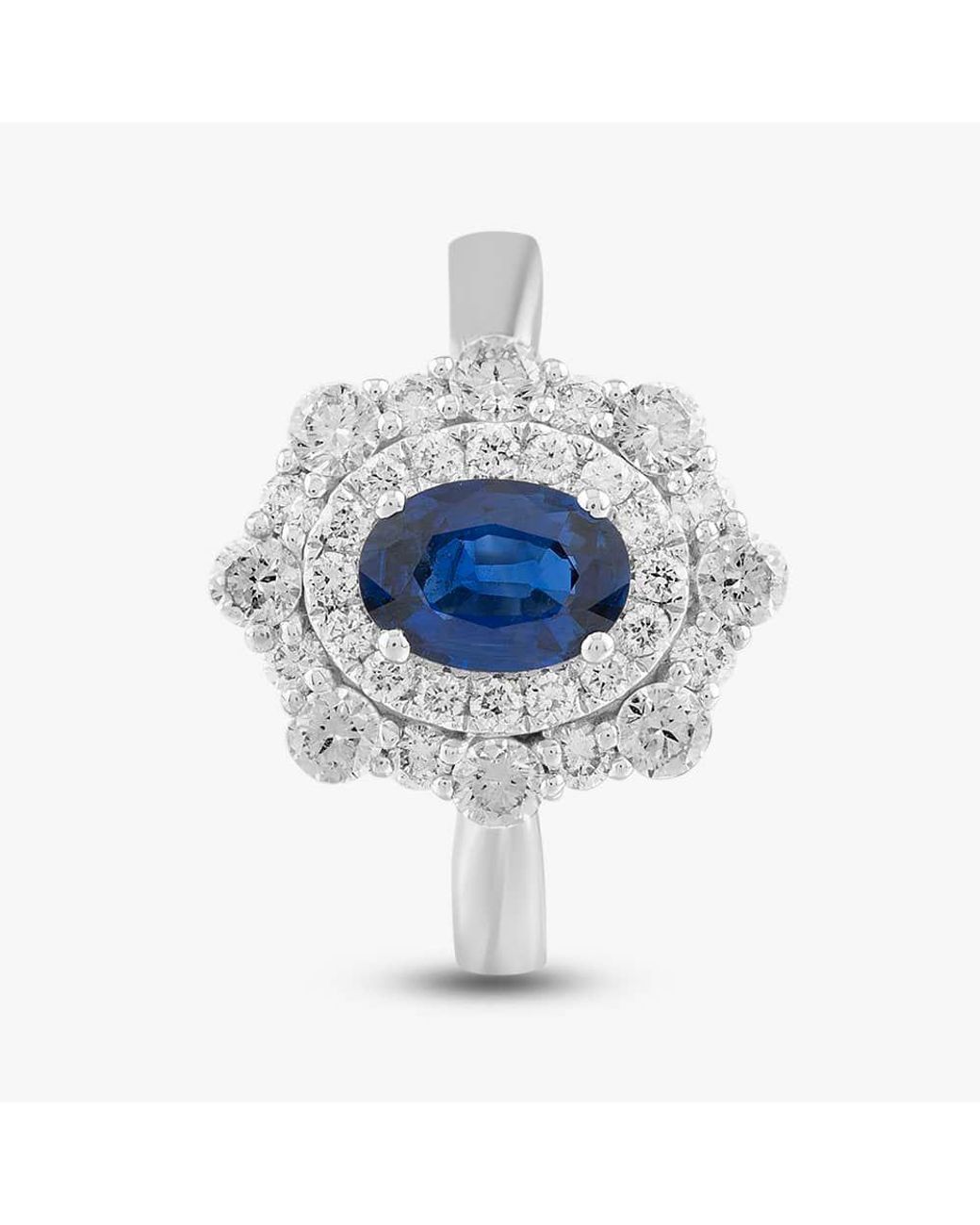 T.H.Baker White 18Ct 0.91Ct Oval Cut Sapphire & 0.82Ct Brilliant Cut Diamond Double Halo Ring 1518173 18Kw M