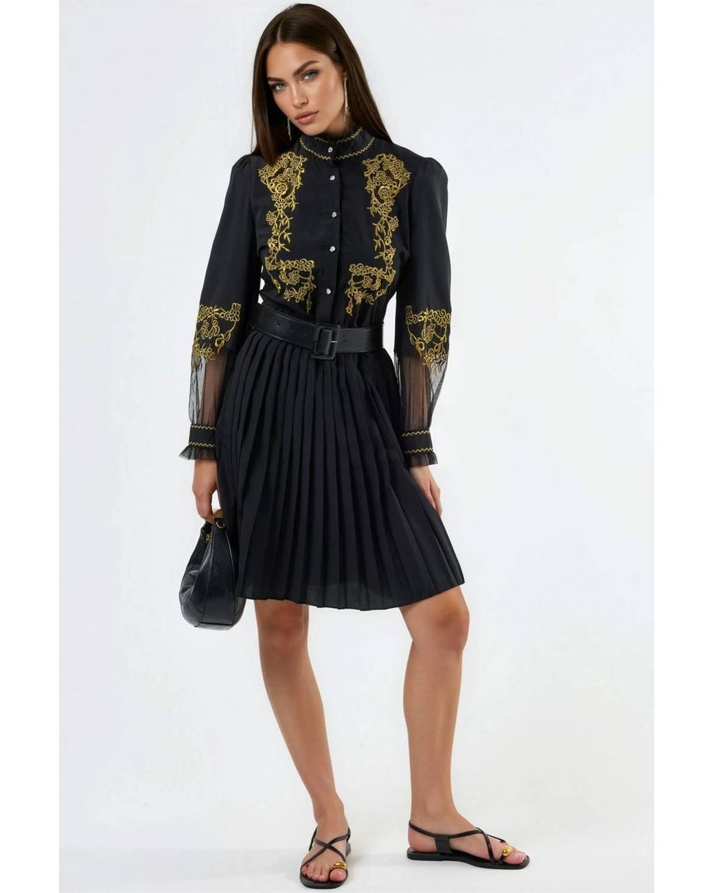 Msn-Collection Black Embroidered Mandarin Collar Mini Dress