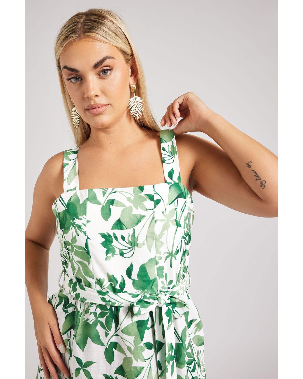 Yours White Botanical Leaf Print Linen Look Dress