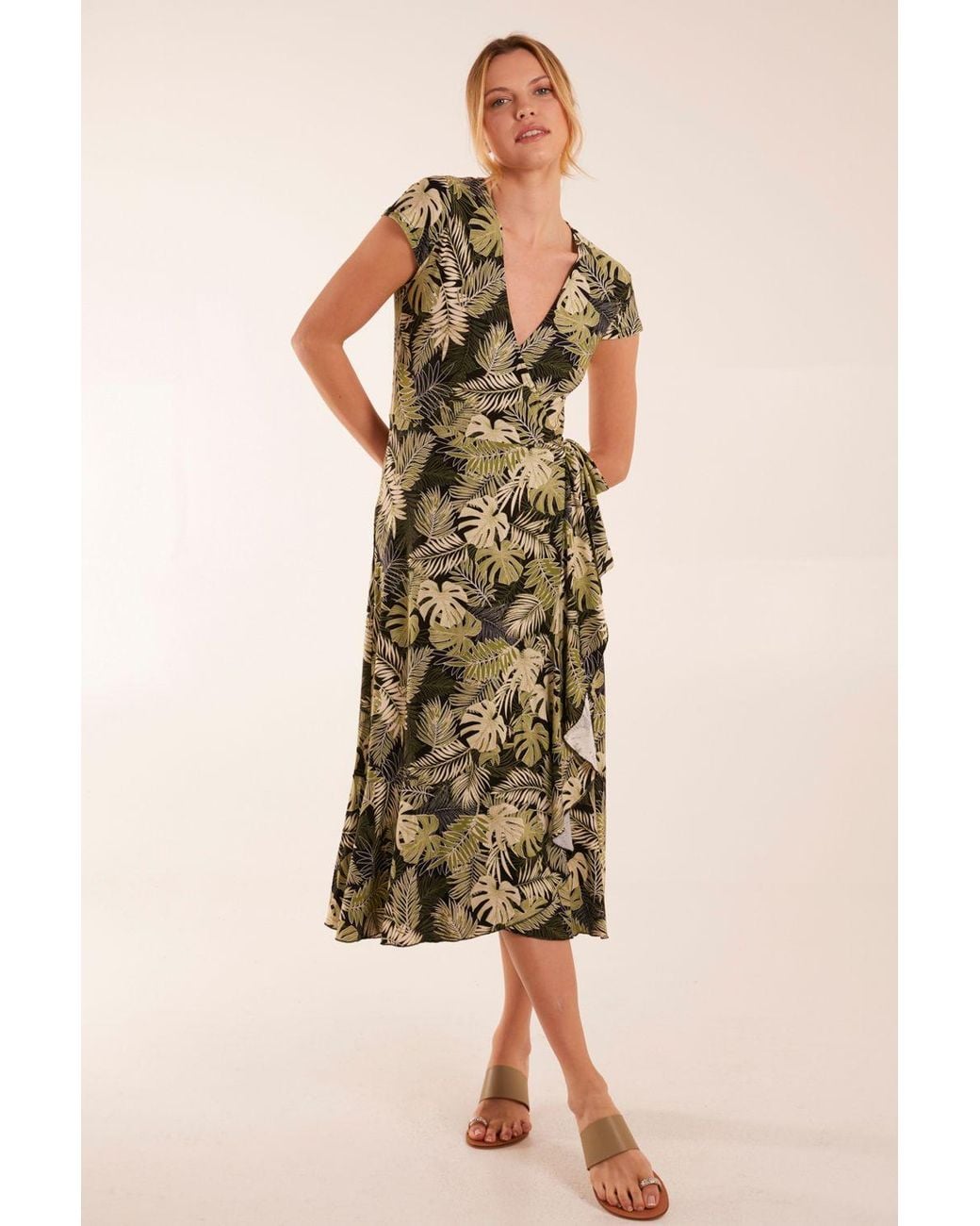 Blue Vanilla Black Tropical Print Wrap Front Midi Dress